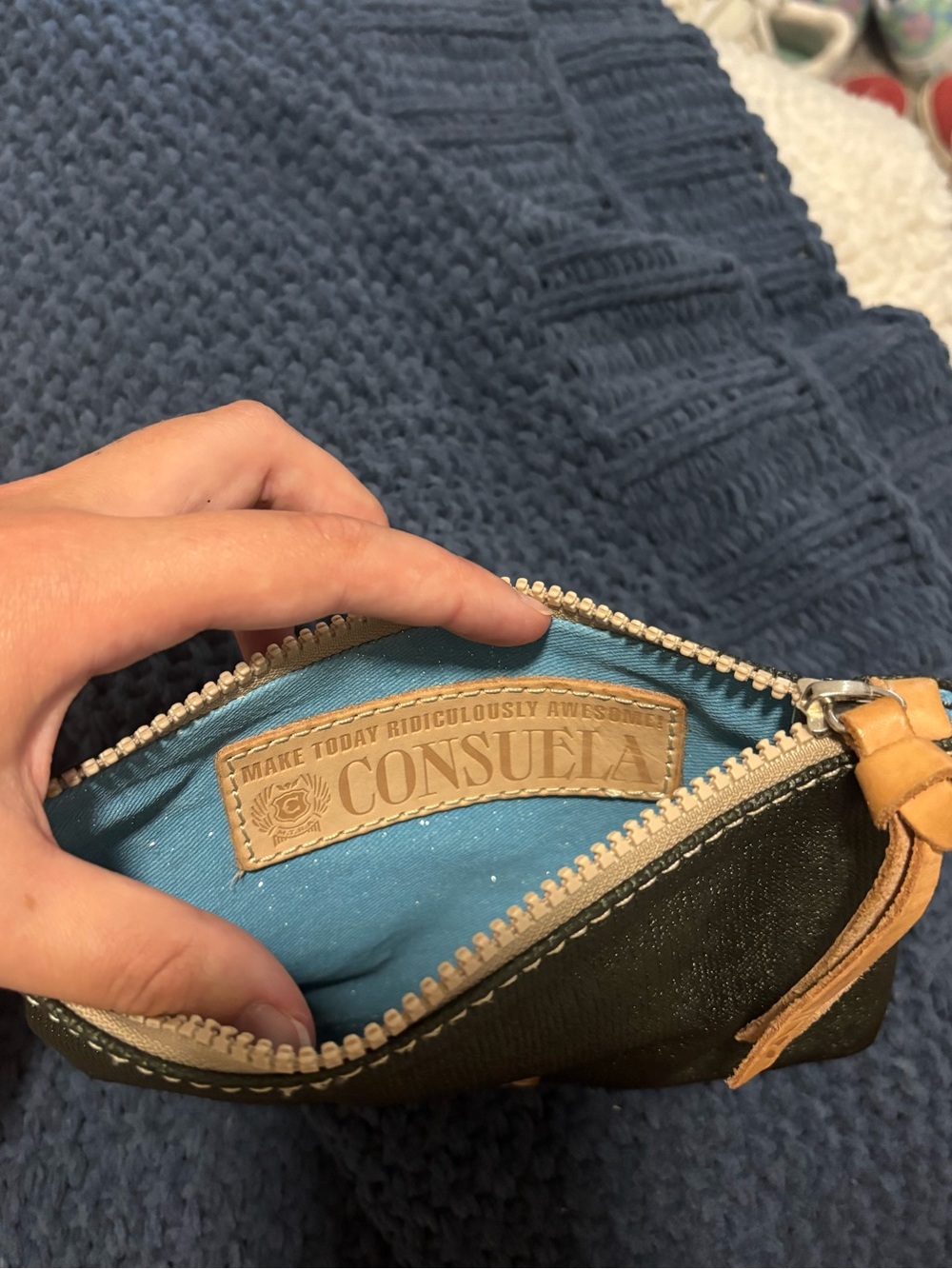 Consuela Olive Canvas Wristlet with Tan Leather Trim & Patterned Strap - Picture 3 of 4